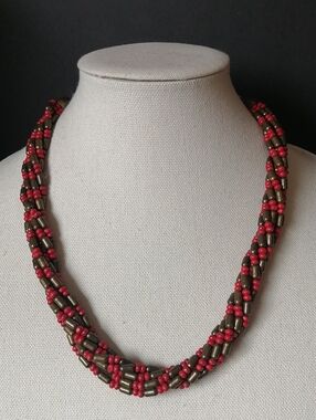Handcrafted Red and Antique Gold Beaded Braided Necklace